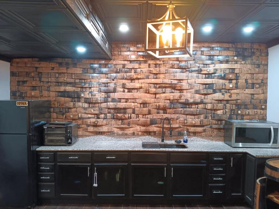 Installed bourbon barrel stave accent wall
