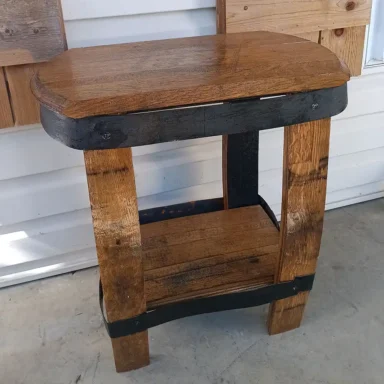 Rustic barrel side table with shelf