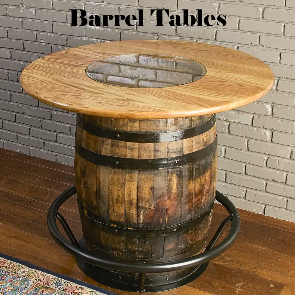 Round bourbon barrel table with footrest detail