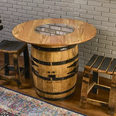 Bourbon Whiskey barrel cabinet with doors and a solid oak tabletop and glass insert. 2 barrel stave chairs with backrest
