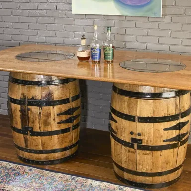 whiskey barrel table with doors closed on both cabinets. Handmade solid oak top with glass inserts to see the distillery stamp on the barrel lid