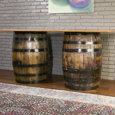 Handmade whiskey barrels table with a solid oak top