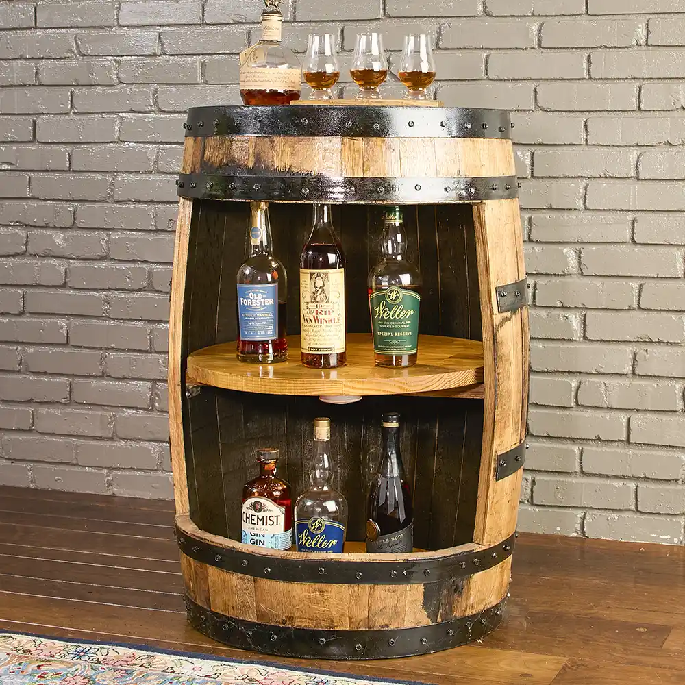 Handcrafted Whiskey barrel cabinet featuring 2 lazy susans. Metal rings painted black.