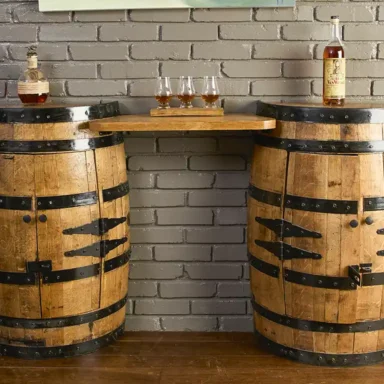 bourbon barrel console table with doors and lights. Metal rings painted black to match the hardware