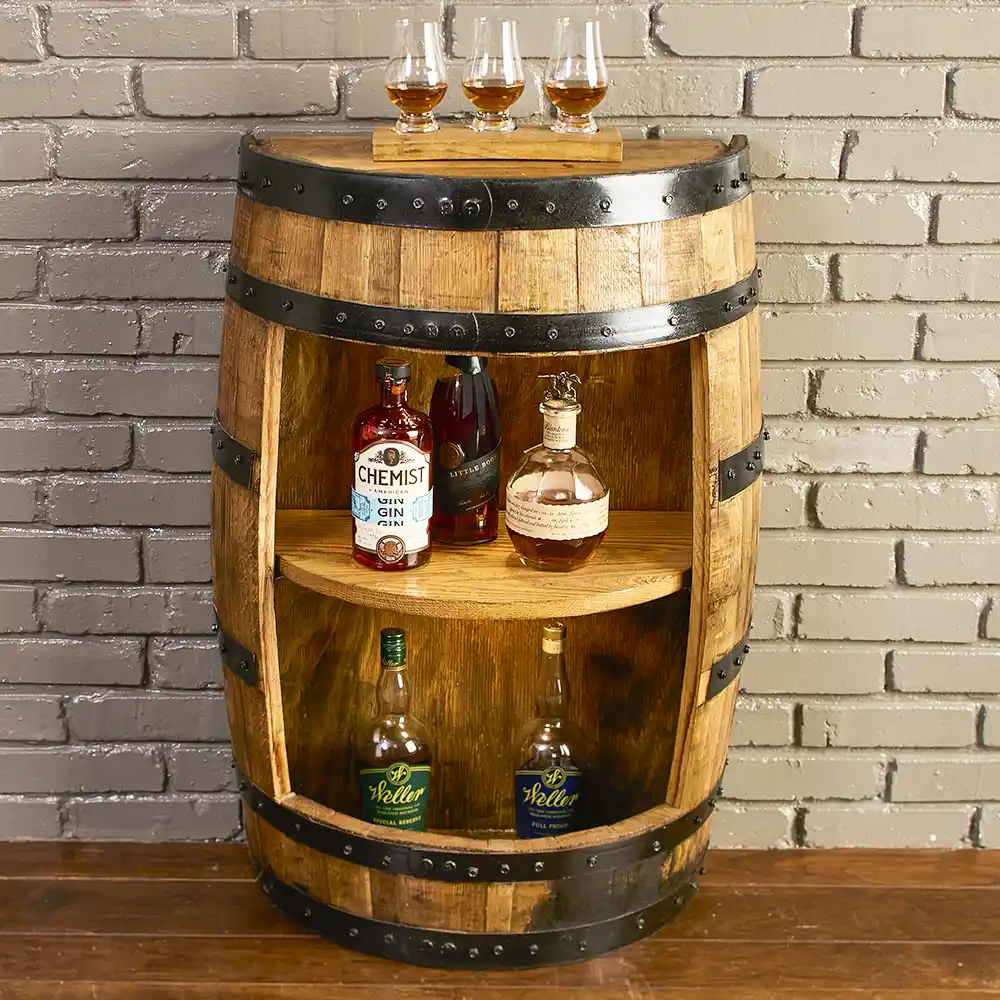 Finish station lined with oils, brushes, and bourbon oak panels