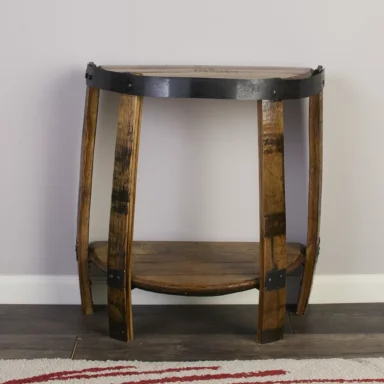 Minimal half round end table with metal accents. Uses only authentic bourbon barrel parts