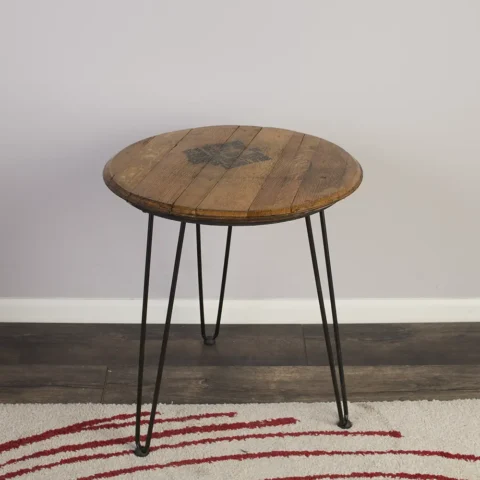 barrel head end table with hairpin legs featuring a wild turkey stamp