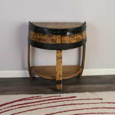half barrel end table with metal rings painted black and a lower shelf