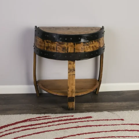 half barrel end table with metal rings painted black and a lower shelf