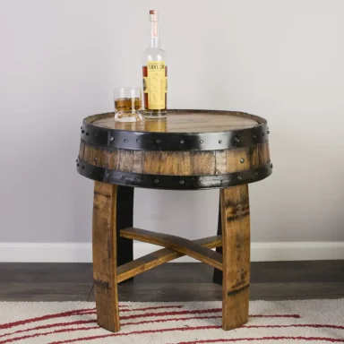 Whiskey barrel end table with staves between the legs for support
