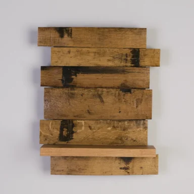 Whiskey barrel staggered stave shelf.