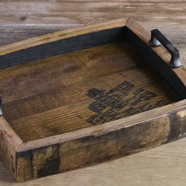 Empty whiskey barrel serving tray with metal handles