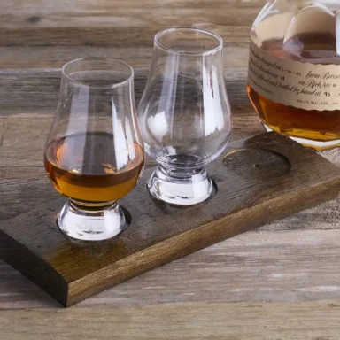 Whiskey flight board made from barrel stave.