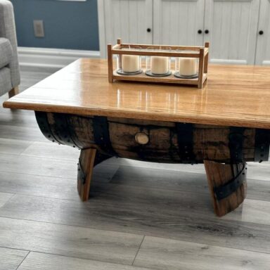 Bourbon Barrel coffee table with solid oak top