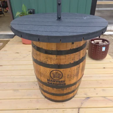 Custom engraving on the side of outdoor barrel table