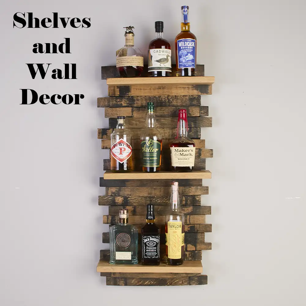 Stave shelves and wall decor made from reclaimed bourbon barrels