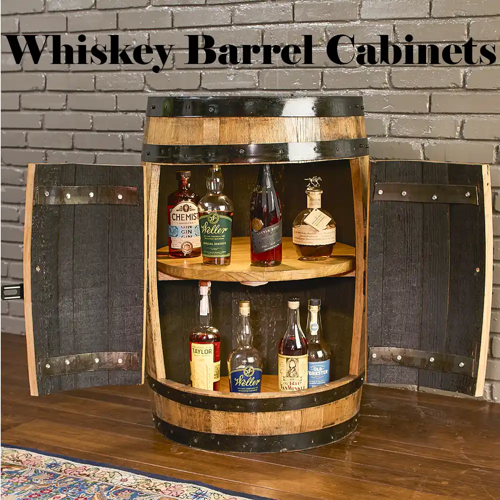 Bourbon barrel cabinet with double doors and lighting