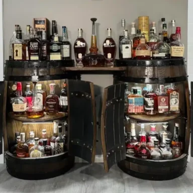 rustic barrel cabinets with dark finish. Interior lighting to display contents