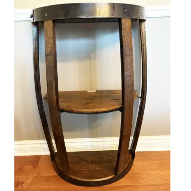 Whiskey barrel side table with 3 shelves and dark stain